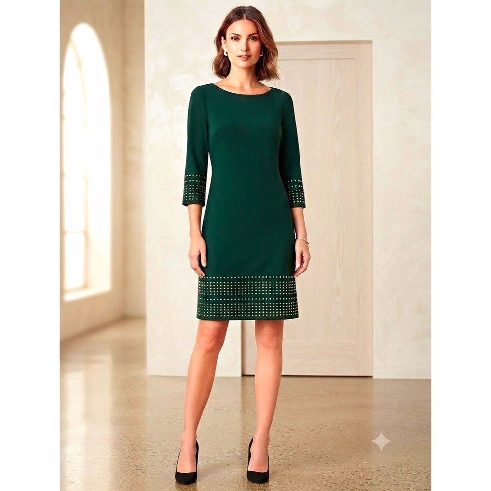 Jessica Howard Green Studded Shift Dress With Boat Neck